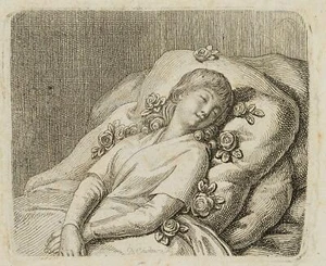 D. CHODOWIECKI (*1726), Die auf Rosen sanft schlummernde Unschuld,  1790, Rad. - Imagen 1 de 4