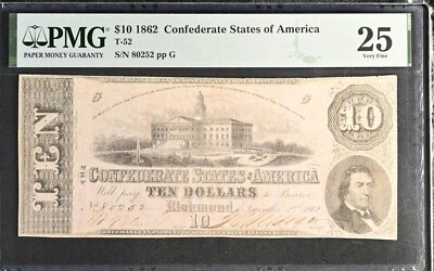1862 $10 Confederate States of American T-52 - PMG 25 VF - Image 1 of 3