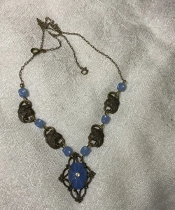 Antique Blue Oval Stone With Crystal Set In Brass Pendant 20 Inches  - Picture 1 of 6