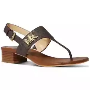 Michael Kors MK Signature Brown Jilly T Strap Thongs Sandals Shoes 7 New - Picture 1 of 2