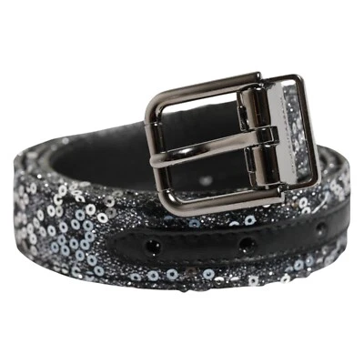 DOLCE & GABBANA Belt Black Sequins Silver Metal Logo Buckle 90cm / 36in 350usd - image 1 of 4