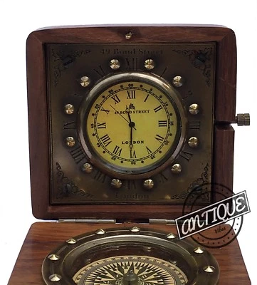 Christmas OLD LONDON STYLE SMALL CLOCKS TABLE WATCH BRASS CLOCK COMPASS WOOD BOX - Image 1 of 4