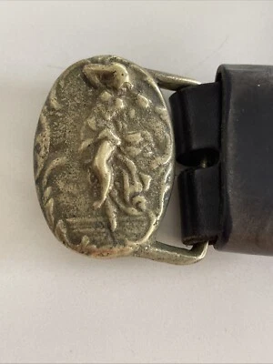 Cinturón ancho de cuero marrón vintage latón macizo Art Nouveau danza dama hebilla talla 33 Foto 1 de 4