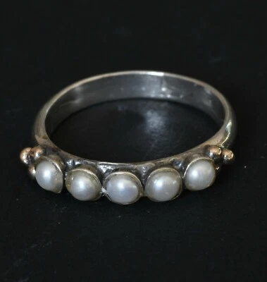 Anillo de plata de ley 925 con oro y perlas HECHO A MANO 20mm diámetro Foto 1 de 2