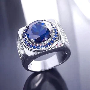 Blue Sapphire Round Cut Gemstone With 925 Sterling Silver Ring For Men #E461 # - Picture 1 of 6
