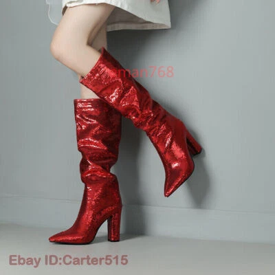 Nuevas Botas de Invierno Hasta la Rodilla para Mujer Plisadas Lentejuelas Bloque Tacón Alto Zapatos Talla Foto 1 de 4