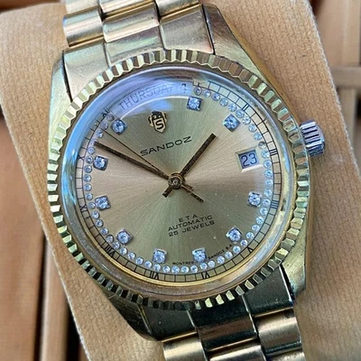 RARE SANDOZ President Day Date Automatic ETA Diamond Vintage Watch Swiss Made - Image 1 of 4