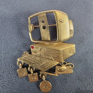 Vintage Danecraft Computer Brooch Gold Tone Retro PC Dangle Charms Tech Geek Pin - Picture 1 of 7