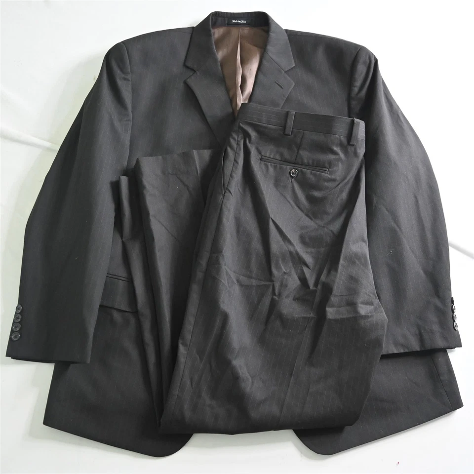 Van Heusen 48R 42x32 Dark Brown Striped Mens Jacket Pants Suit - Image 1 of 4