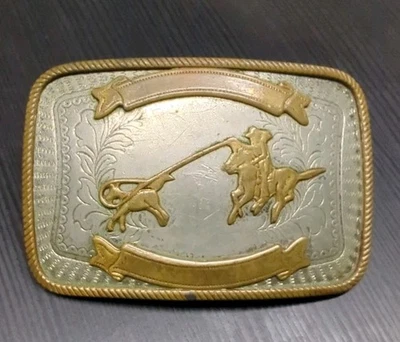 Cinturón de rodeo vintage níquel plata equipo cuerda pantorrilla hebilla cintas en blanco vaquero Foto 1 de 4