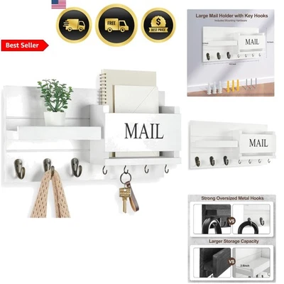 Wall Mail Organizer with Key Hooks Shelf for Entryway Rustic Wood White - Image 1 of 4