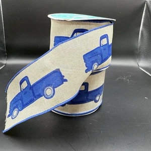 Blue Truck Wired Ribbon Faux Burlap 2.5" X 10yards PLUS Partial Ribbon of Same - Picture 1 of 4