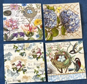 Lot of 4 Paper Beverage/Cocktail Napkins for Decoupage - Flowers, Birds - Bild 1 von 6