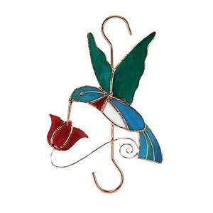 STAINED GLASS HUMMINGBIRD WITH RED FLOWER SUNCATCHER HOOK - Picture 1 of 1