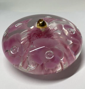 Joe Rice 1992 Pink Trumpet Flower Controlled Bubble Glass Paperweight Pen Holder - Picture 1 of 7