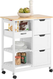 White Kitchen Serving Cart with 3 Drawers and Removable Tray Storage Trolley FKW - Picture 1 of 12