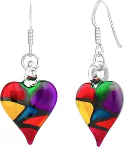 Murano Glas bunte Herz Ohrhänger für Damen, Buntglas Ohrringe - Bild 1 von 5