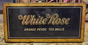 Antique Tin Box For White Rose Orange Pekoe Tea Balls Advertising Hinged 6” Long - Picture 1 of 7