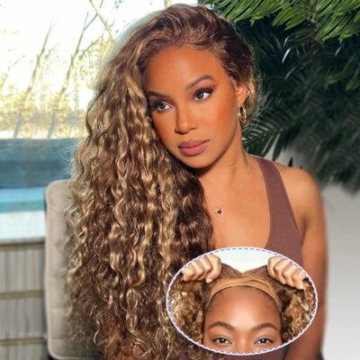 UNice Indian Highlight Blonde Curly Glueless Wear Go Wigs Human Hair PreCut Lace - Image 1 of 4