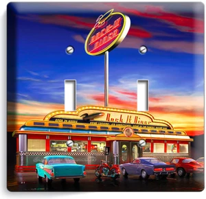 RETRO 50'S DINER CARS NEON LIGHTS LIGHT SWITCH 2 GANG WALL PLATE ROOM HOME DECOR - Picture 1 of 1