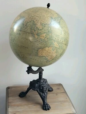 Globe Terrestre Mappemonde Lebègue Paris Pied en Fonte avec Mascarons XIXe 56 cm - Photo 1/4