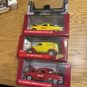 Coca-Cola Diecast Lot of 4 1:24 Johnny Lightning VAN, 2 STUDEBAKERS, & AC TRUCK - Picture 1 of 5