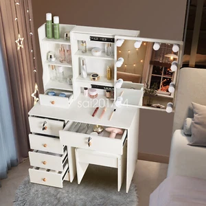 Bedroom Vanity Table Set W/ 6 Drawers Dressing Table & Stool LED Lighted Mirror - Picture 1 of 10