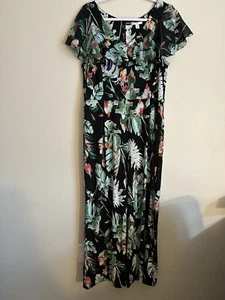 EST. 1946 Womens Black & Green Floral Print Short-Sleeve Ruffle Jumpsuit Extra L - Picture 1 of 5