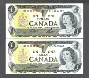 1973 Canada 2 Consecutive # $1.00 Error Bank notes dropped digit Number #8 UNC. - Bild 1 von 3