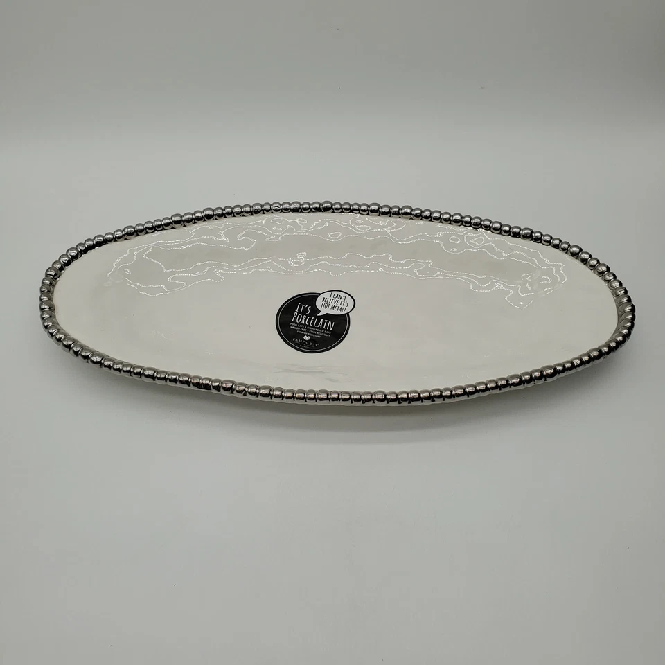 Pampa Bay Porcelain Large Oval Serving Tray with Silver Bead Edge - Image 1 of 4