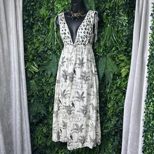 Z & L EUROPE Dress Women Small Cream Green Boho Maxi Safari Animal Print  2219 - Picture 1 of 10