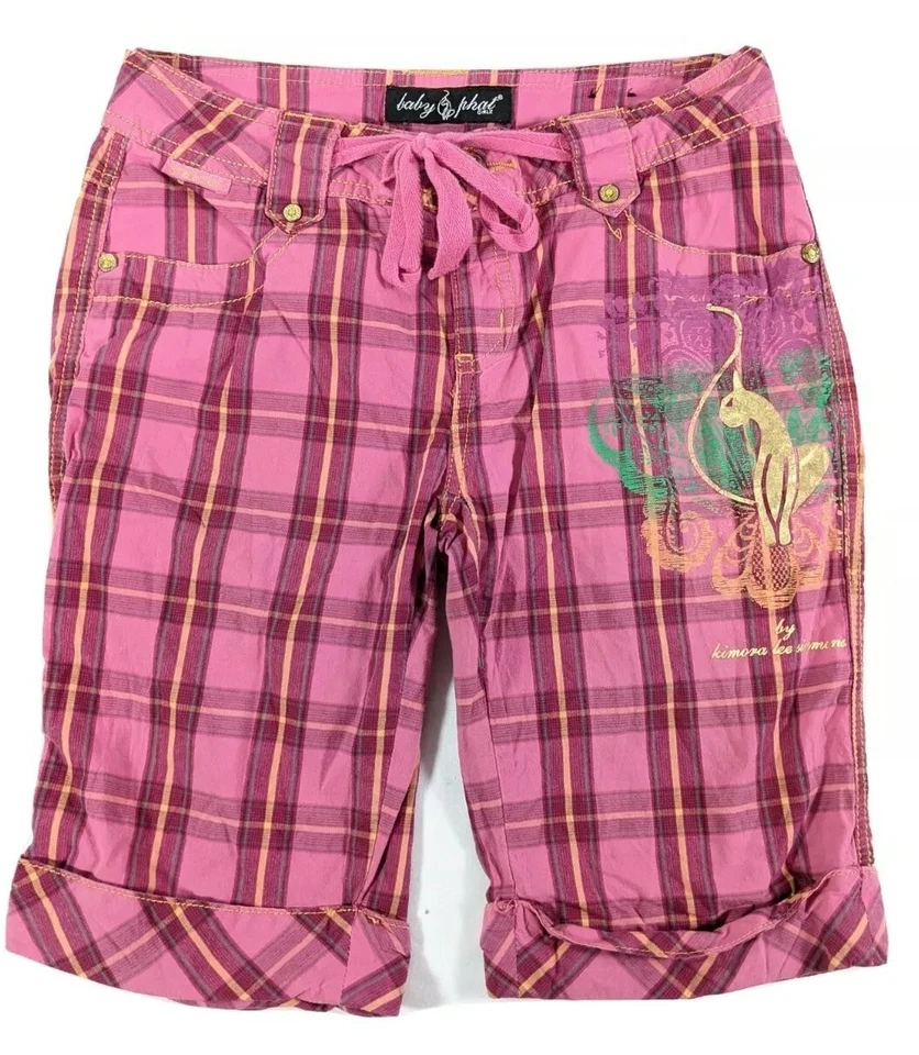 BABY PHAT Girl's Pink Plaid Drawstring Reg Fit Cuff Stretch Bermuda Shorts sz 14 - Image 1 of 4