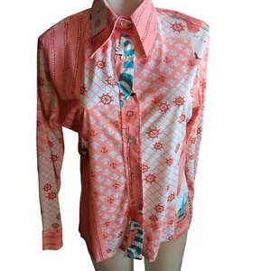 sz 11 Vintage 70's JCPenney Shirt Nautical Print Acetate Button-Up Disco Pink - Picture 1 of 10