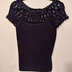  CLASSY Dolce Cabo Black Top With Crochet And Ribbon Detail Formfit Bodice .Sz S
