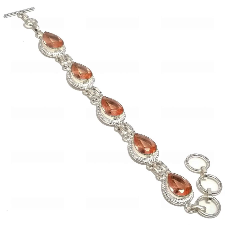 Peach Morganite Gemstone 手工制作 925 纯银珠宝手链 尺寸 7-8 — 第 1/1 张图片