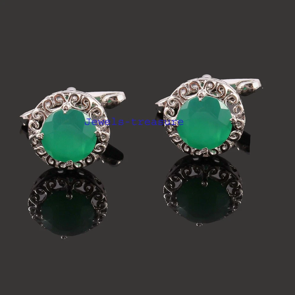 Verde Natural Onix Piedra Con 925 Plata de Ley Gemelos para Hombre #J578 - Imagen 1 de 3