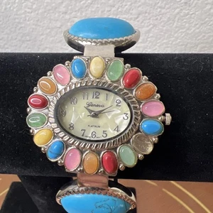 Reloj Mujer Geneva Platino Tono Plateado y Puño Piedra Marrón 8094 Batería Nueva - Imagen 1 de 12