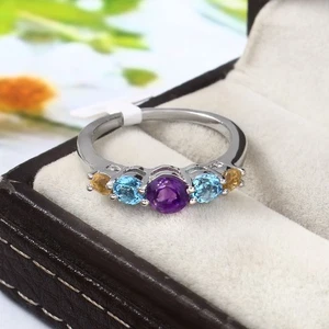 Sterling Silver Amethyst Blue Topaz Citrine Multi Stone Ring Stackable Band Ring - Picture 1 of 13