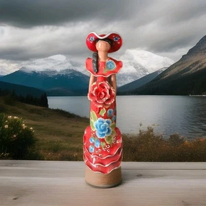 Dominican Handmade Faceless Doll Clay Statue - Red Dress w/ Floral Motif, 22"H - Picture 1 of 12