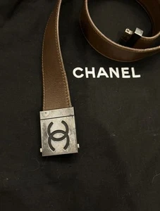 CHANEL Brown Leather Belt Size 80.32 Silver/Black Coco Mark Buckle ๐ฏ Authentic - Picture 1 of 9