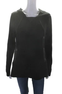 Club Monaco Womens Black Cotton Wool Blend Leather Trim Pullover Hoodie Size M - Picture 1 of 6