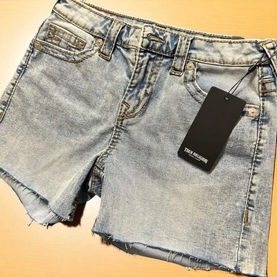 Pantalones cortos de mezclilla para mujer True Religion Jayde Big T 28 lavado claro dobladillo crudo nuevos con etiquetas Foto 1 de 4