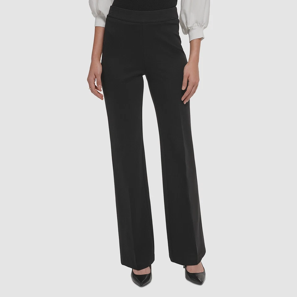 DKNY Women's Black Soft Ponte Knit High Rise Pull On Flare Hem Pants Size XL