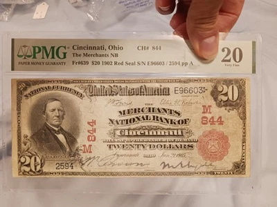 1902 $20 RED MERCHANTS NATIONAL BANK OF CINCINNATI,OH CH. #844 ONLY 1 $20 KNOWN - Image 1 of 4
