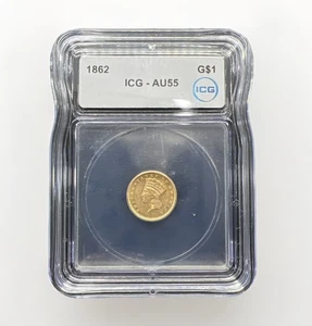 ORO 1862 $1 ICG AU55 TIPO 3 CABEZA DE PRINCESA DÓLAR AU 55 ERA DE LA GUERRA CIVIL - Imagen 1 de 12