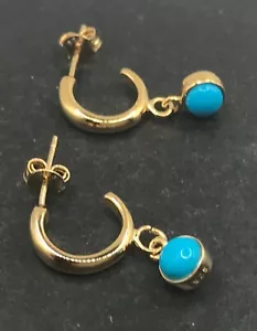 Turquoise round hoop drop earrings gold on solid Sterling silver, New. Gift box - Picture 1 of 7