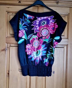Desigual Black Print Longline Top Size L - Picture 1 of 10