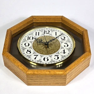 Vintage Solid Oak Framed Floating Wall Clock Glass Octagon Tested 1980's - Picture 1 of 13