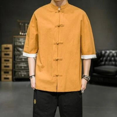 New Chinese style Summer Tops Men's Cotton Linen buckle Shirts Casual Tang Suit - Image 1 of 4