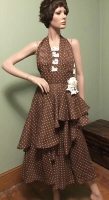Vestido halter vintage años 50 Emma Domb marrón lunares en capas calce y acampanado con flores Foto 1 de 4